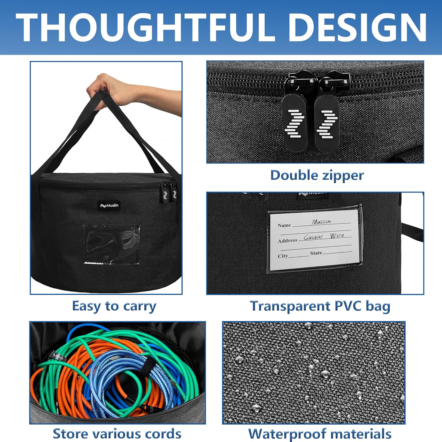 Thumbnail 2 de Musiin Accessories Bag for Guitar, Bass, Keyboard, Drums – Round Multi-Function Storage for Cables & Adapters