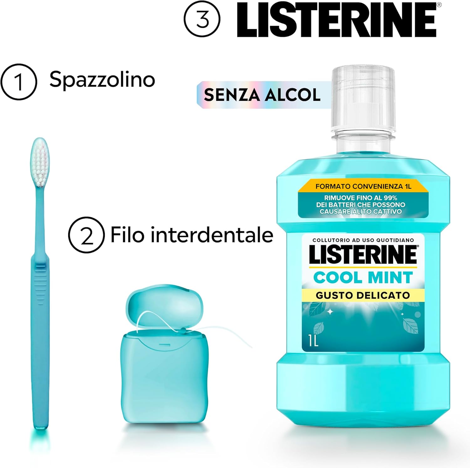 Detalle de Listerine Cool Mint Collutorio 0% Alcool, 2x1L: igiene orale completa con oli essenziali