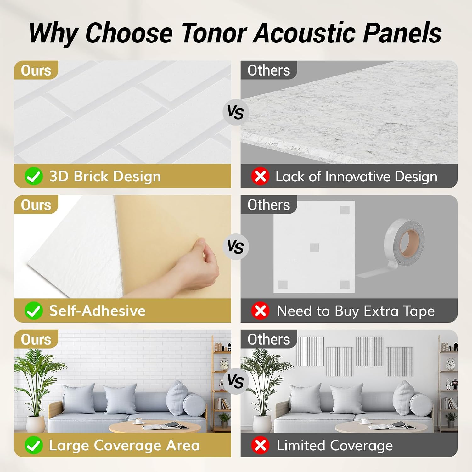 Detalle 2 de TONOR 25042 Brick Acoustic Panels, Self-Adhesive Polyester, 120 x 60 x 0.9 cm