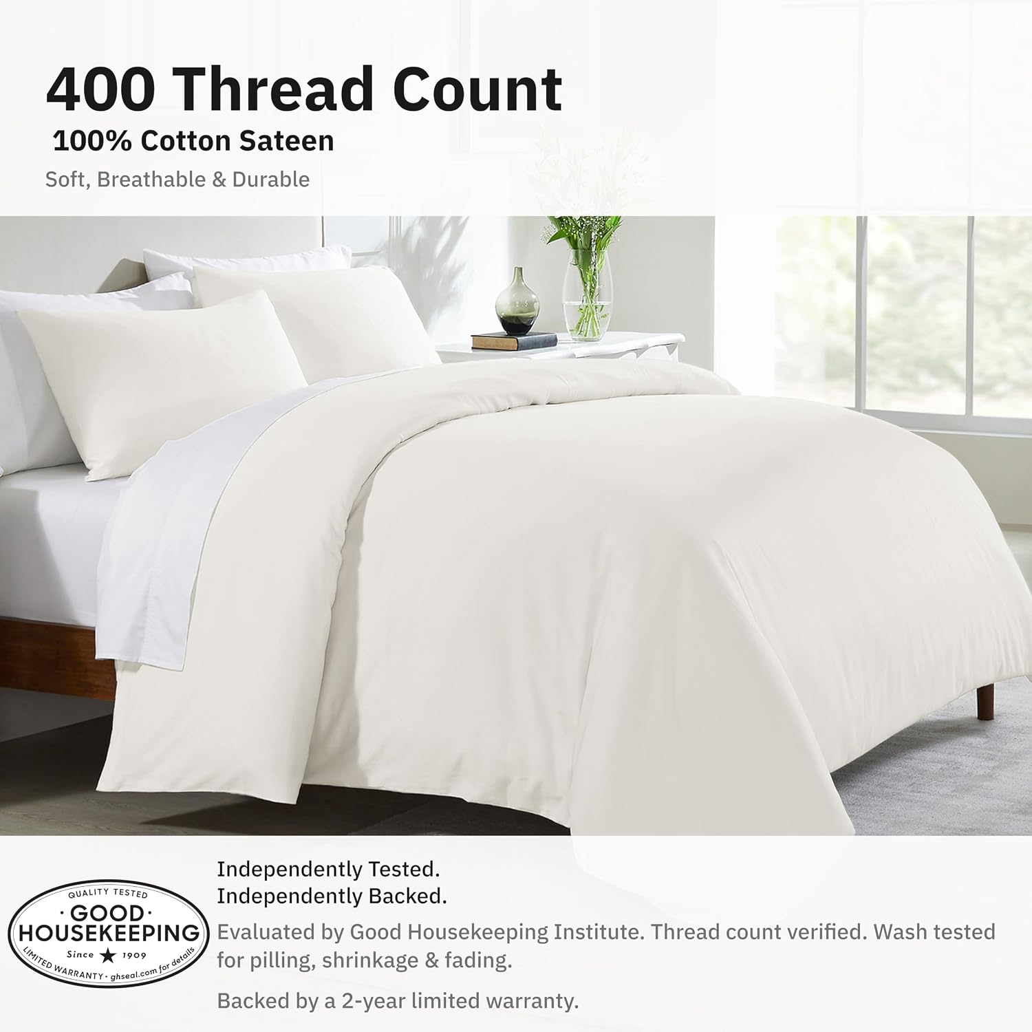Detalle 2 de California Design Den Luxury King Duvet Cover Set, 400 Thread Count Cotton Sateen, Ivory