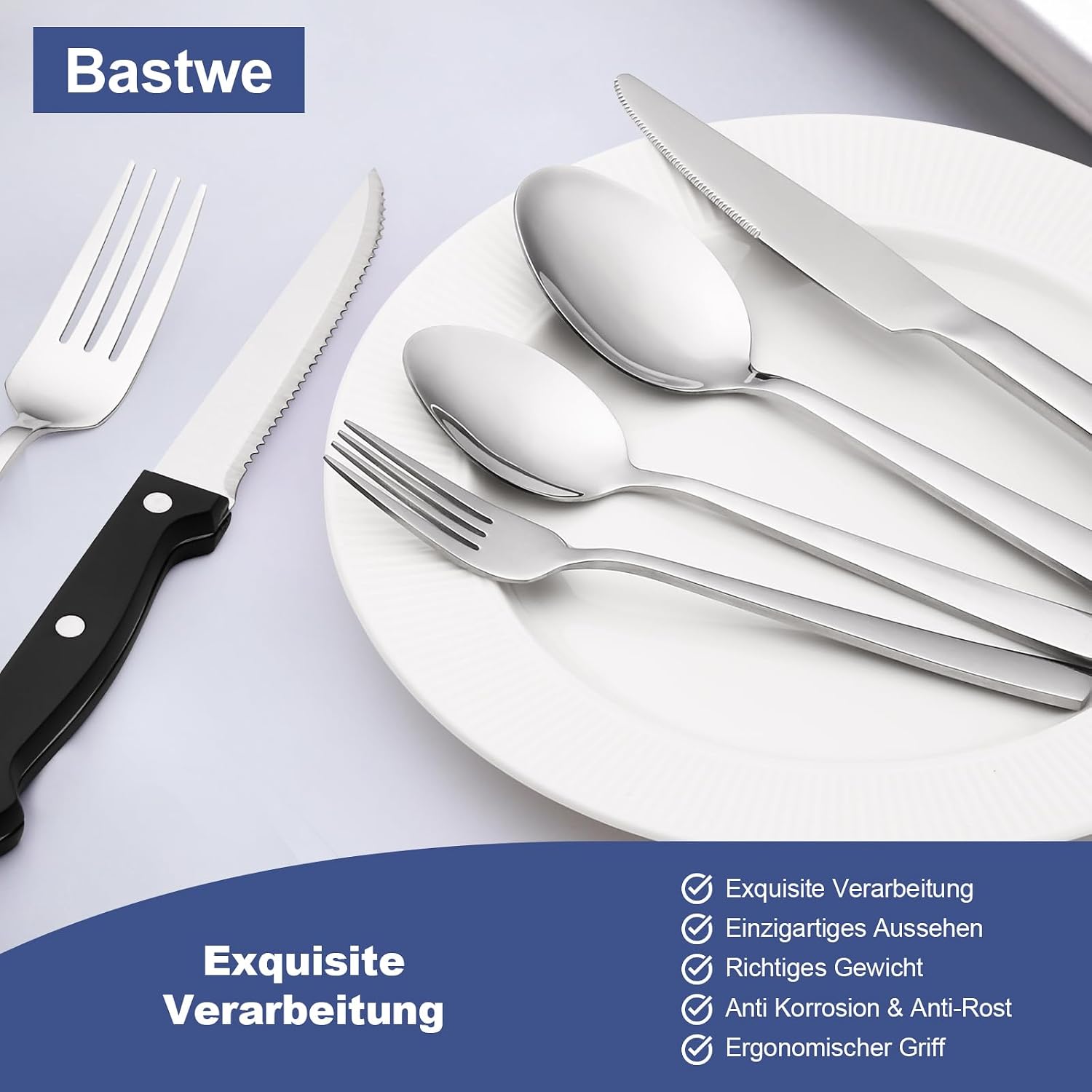 Thumbnail 4 de Besteck-Set für 12 Personen, Bastwe 72-teiliges Edelstahl Besteckset mit Steakmessern – spülmaschinenfest