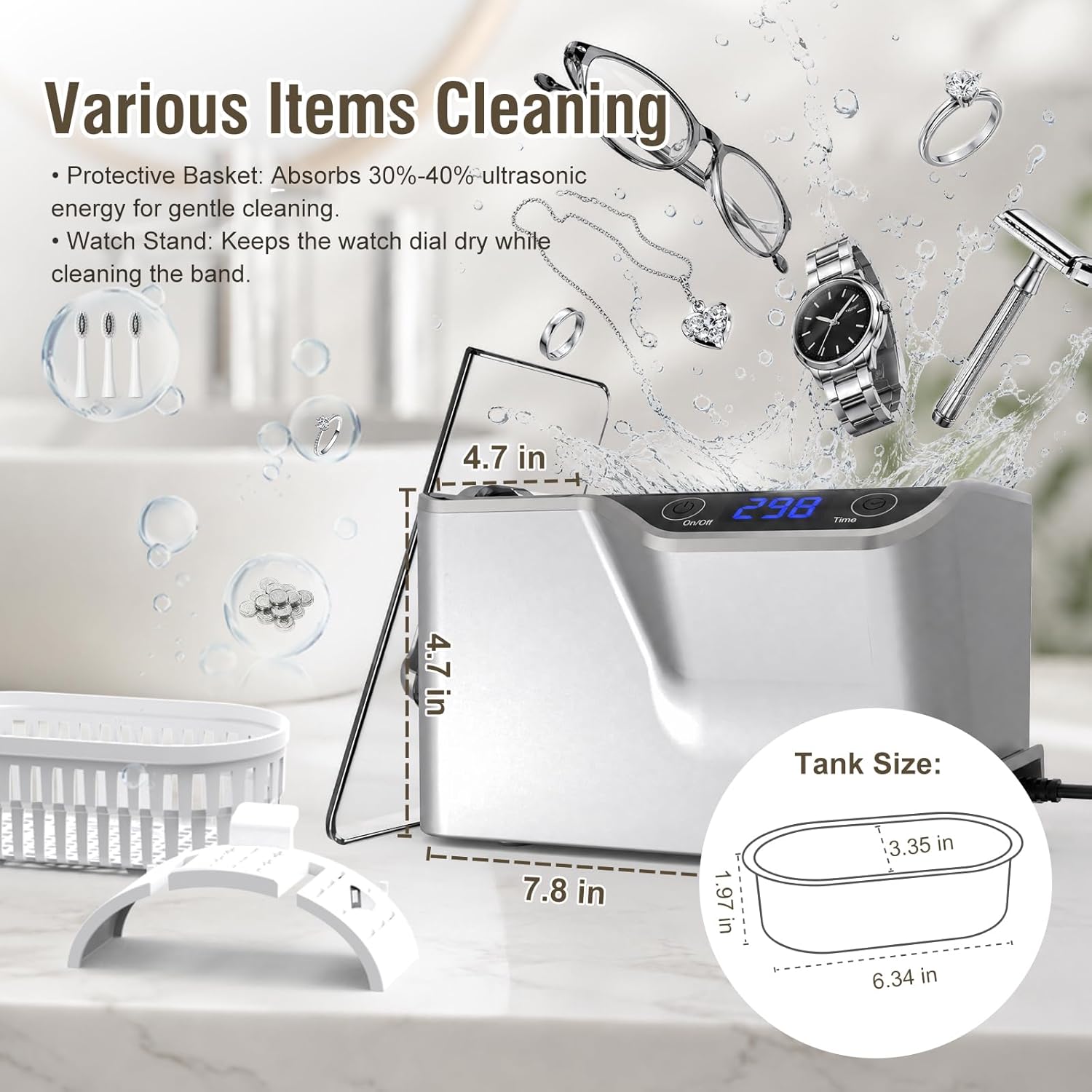 Thumbnail 6 de LifeBasis LSUC015 Ultrasonic Jewelry Cleaner, 600 mL, 45 kHz, Silver