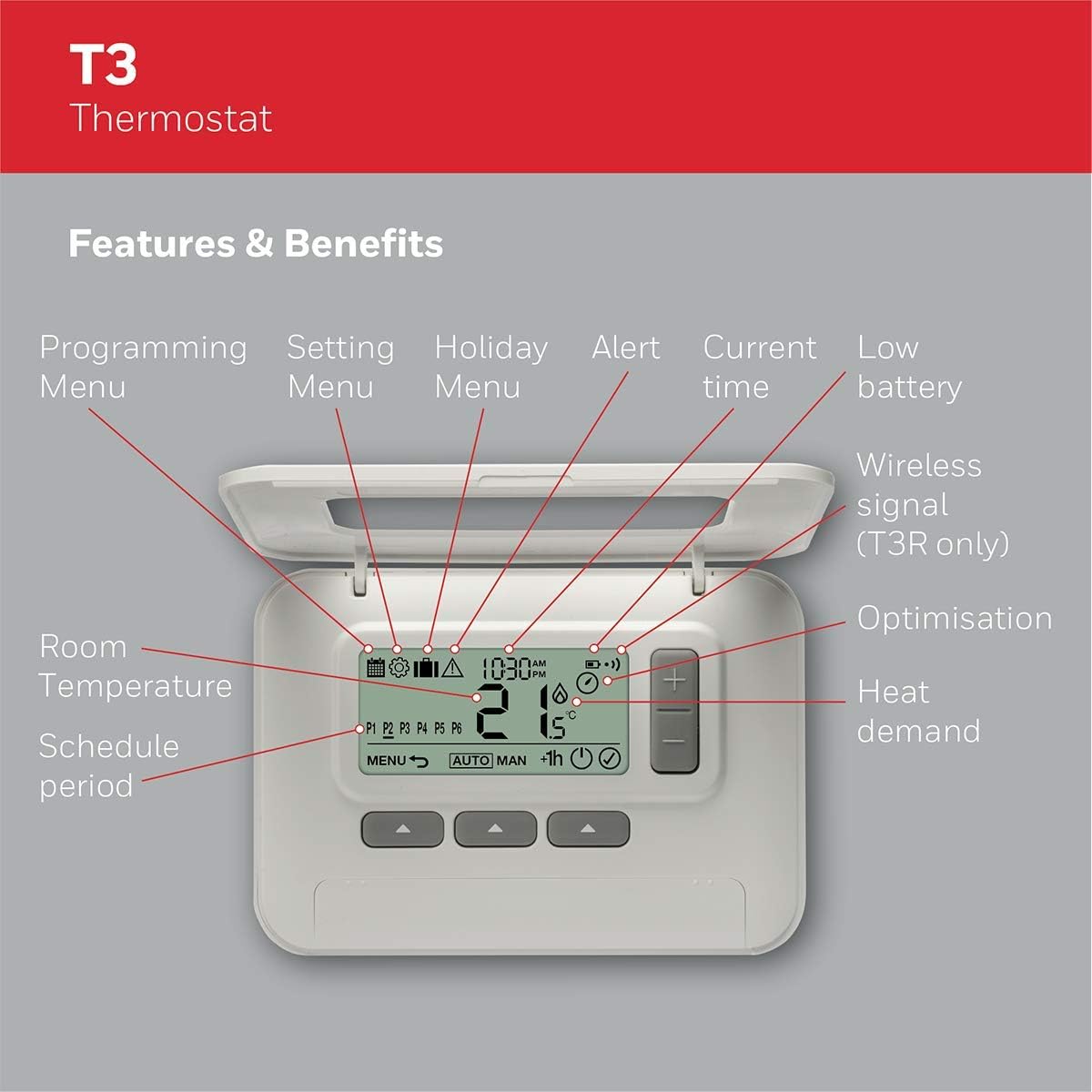 Detalle de Cronotermostato T3C110AEU Settimanale Cablato T3 Honeywell Home – Bianco