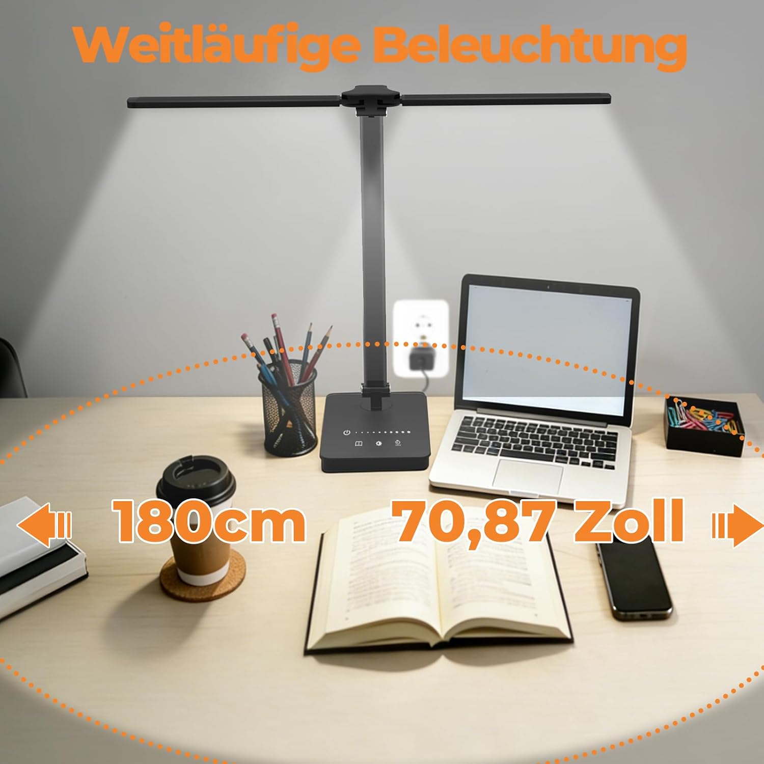 Detalle de JVURICE Schreibtischlampe LED 15W Dimmbare Tischlampe mit 180° Doppelkopf, Timer und USB-Ladefunktion