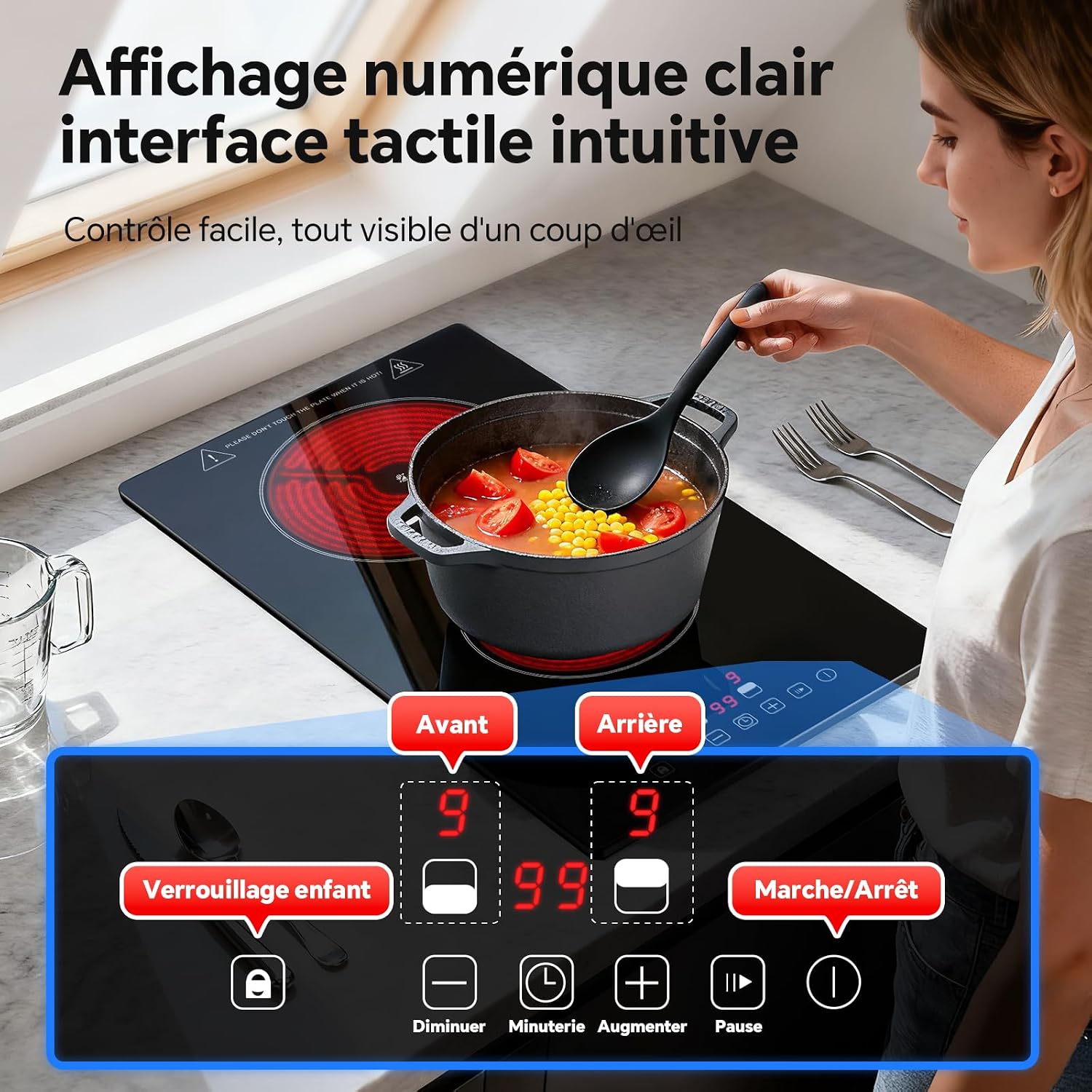 Thumbnail 5 de SNDOAS Plaque Vitrocéramique 2 Feux – Plaque de Cuisson Électrique 3000W