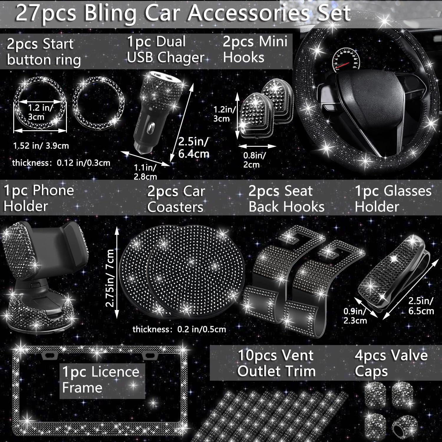 Detalle de NBTEPEM 27 PCs Black Bling Car Accessories Set for Women — Universal 15 Inch Steering Wheel Cover & More