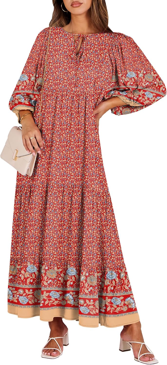 Detalle de ANRABESS Boho Maxi Dress: Floral V-Neck Flowing Swing 🌺