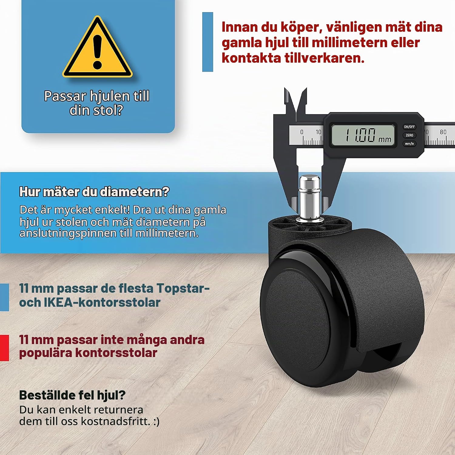 Detalle 2 de RAVN HAMAN kontorsstolshjul, 5-pack med gummihjul, 11 × 22 mm