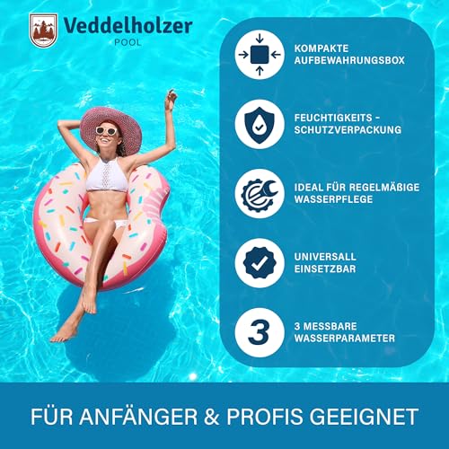 Detalle 2 de Veddelholzer 3-in-1 Pool Teststreifen (150 Stück) – Wassertester für pH, freies Chlor & Alkalinität