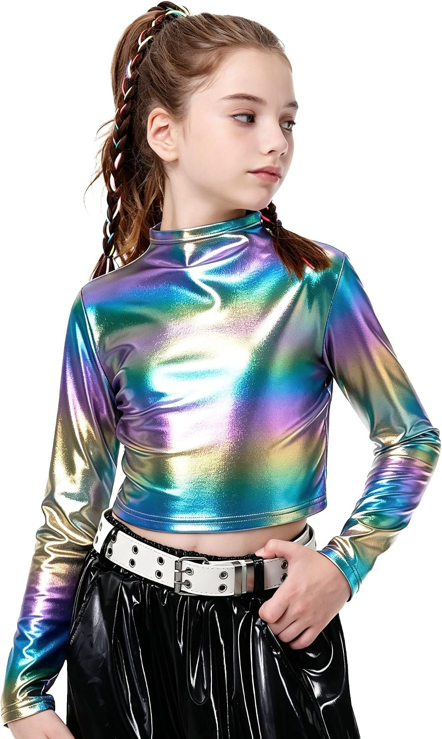 Detalle de LOLANTA Metallic Long-Sleeve Cropped Dance Top for Girls, Shiny Mock Neck