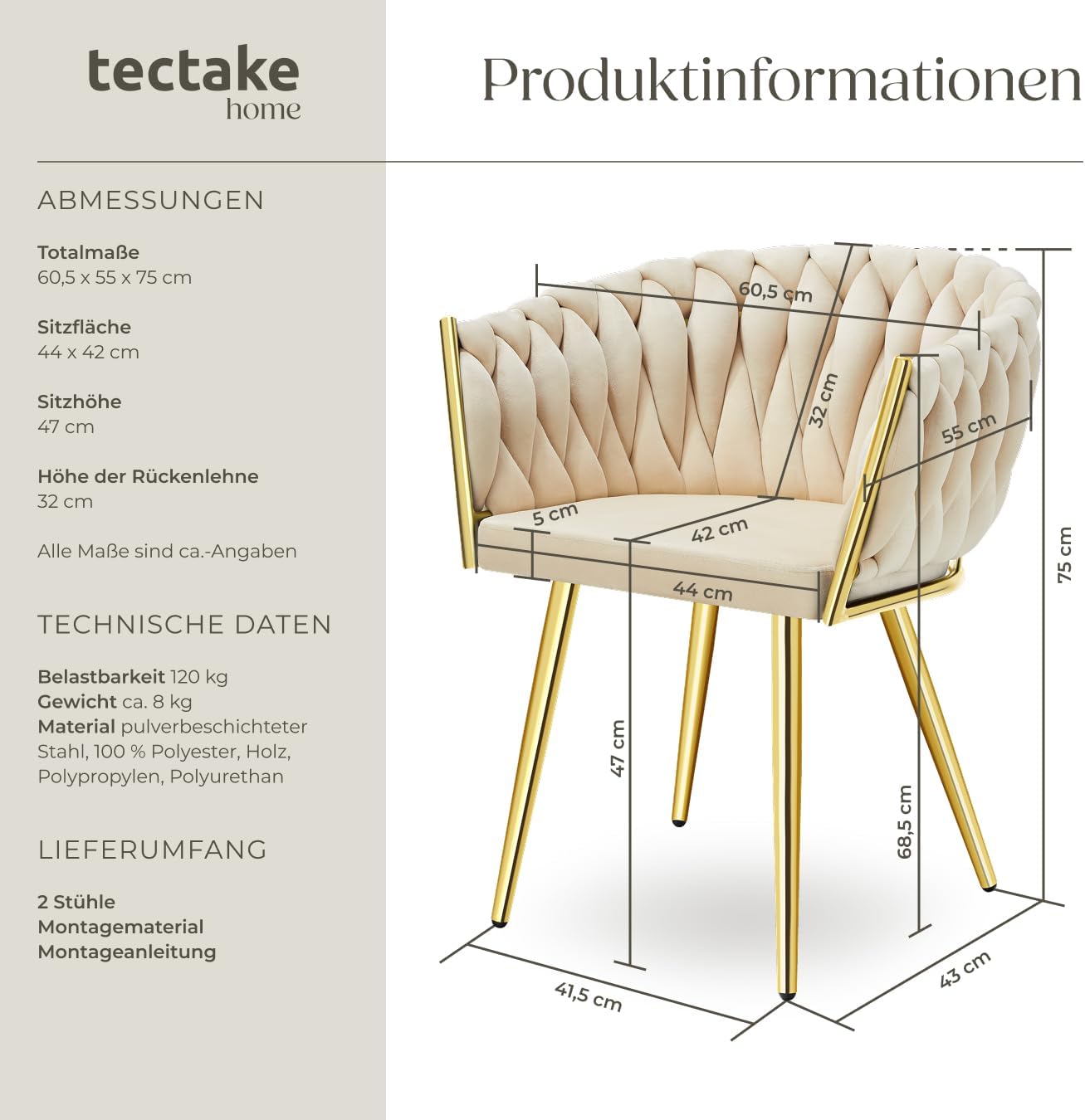Detalle de tectake Samt-Schalenstuhl Sand 2er Set