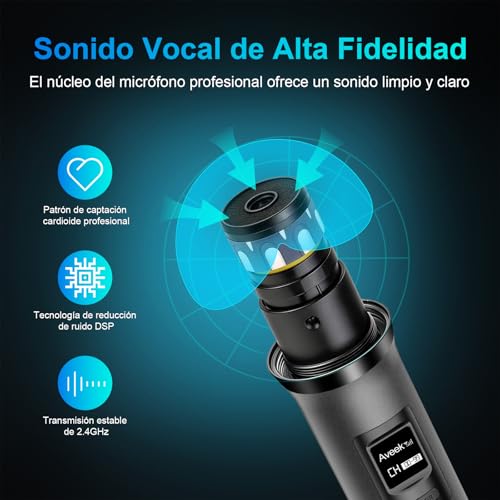 Detalle de Aveek Micrófono Inalámbrico para Karaoke – Alcance de 30 m, DSP y Sonido Claro