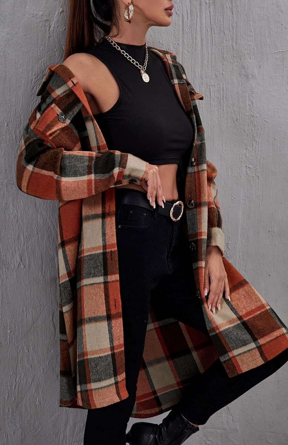 Thumbnail 4 de Jhsnjnr Damen Flanell-Karo Jacke Oversize Langarm mit Revers und Knopfverschluss
