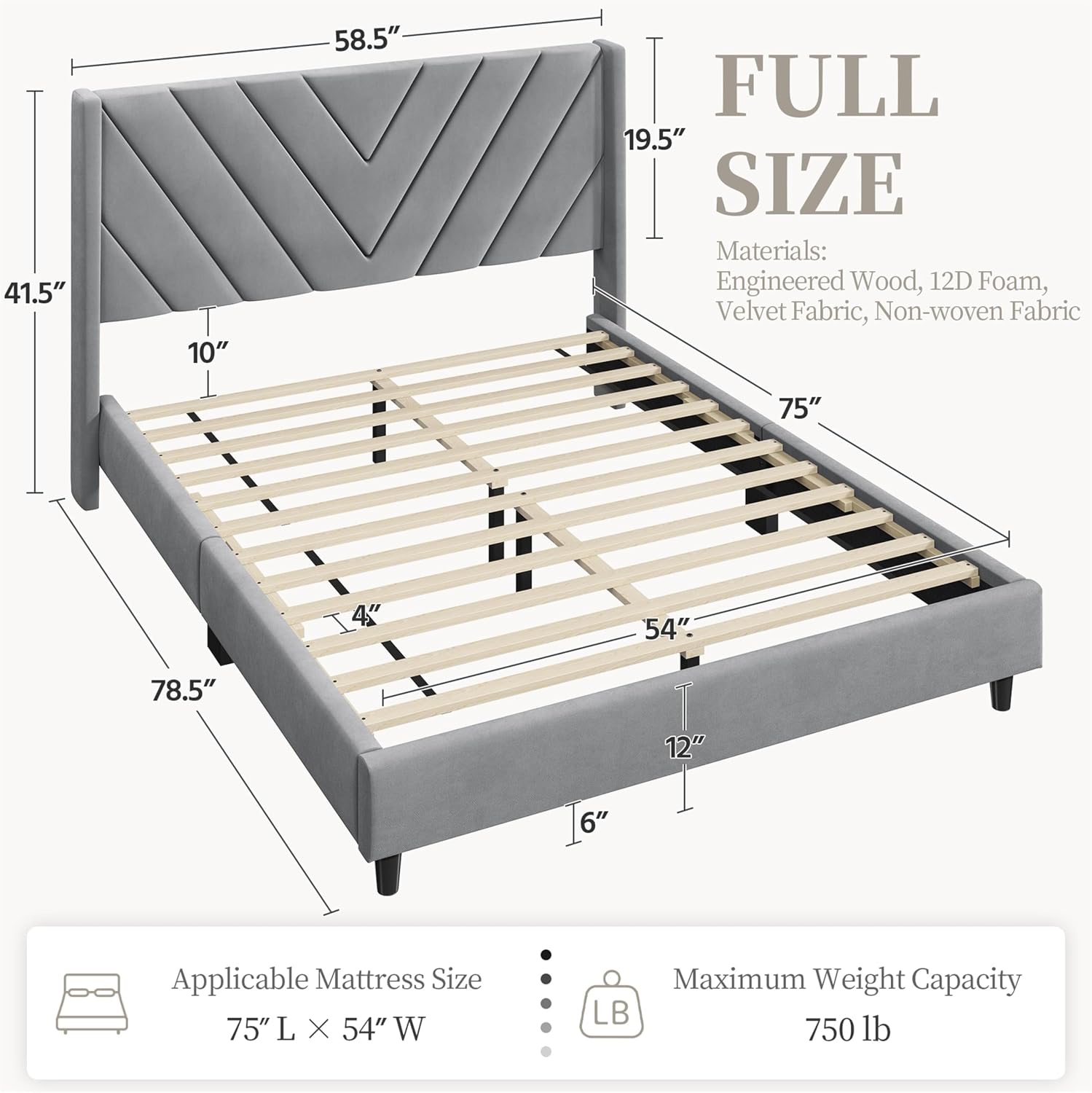 Detalle de Yaheetech YT-00131579-001 Full Bed Frame, Light Gray Velvet Chevron Headboard