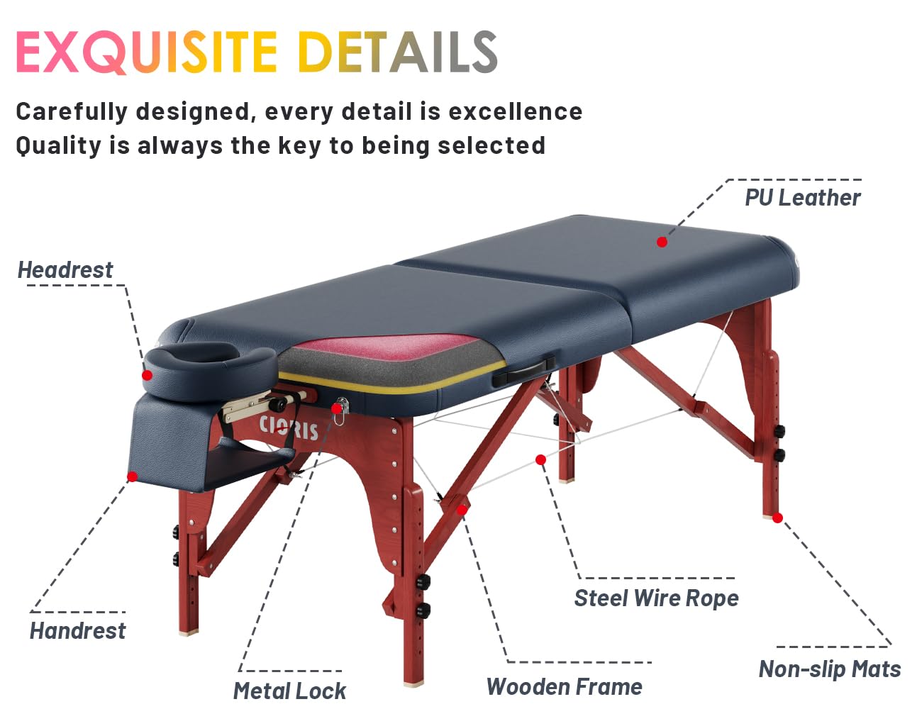Thumbnail 5 de CLORIS 84" Luxury Massage Table: Portable 2-Fold, Height Adjustable Beech Wood Spa Bed