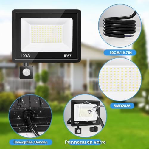 Thumbnail 1 de VRFMALIY Projecteur LED Extérieur 100W avec Détecteur de Mouvement – 10000 lm, IP67