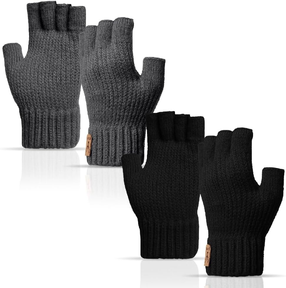 Kfnire Mitaines hiver homme (2 paires) demi-doigts chaudes et douces pour conduite, cyclisme et extérieur