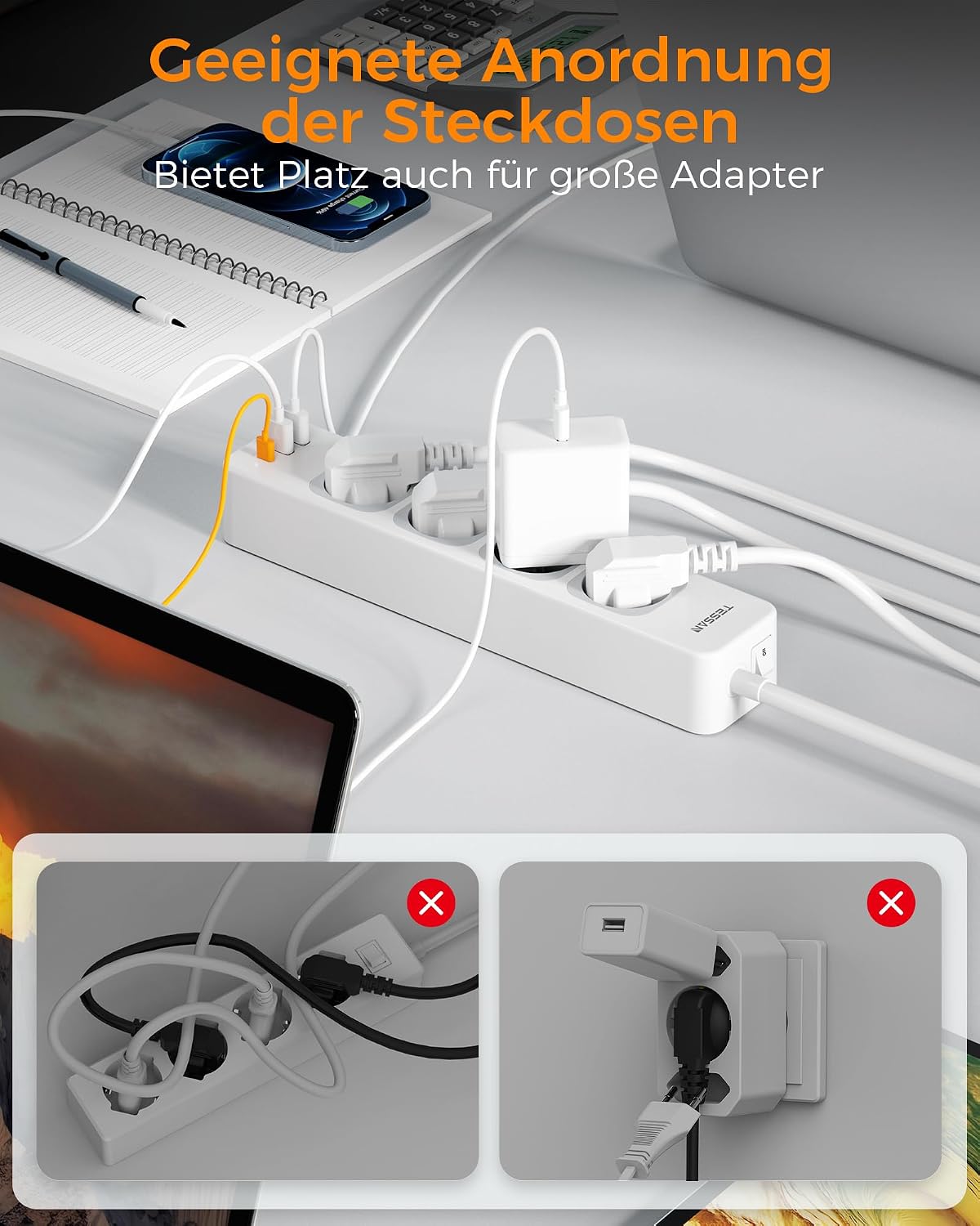 Detalle de TESSAN 4âfach Steckdosenleiste mit 5 m Kabel und USB đ
