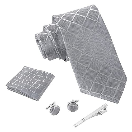 Detalle 2 de Massi Morino Morino Corbata Gris de Cuadros con Pañuelo a Juego y Accesorios – Set 5 en 1 para Hombre