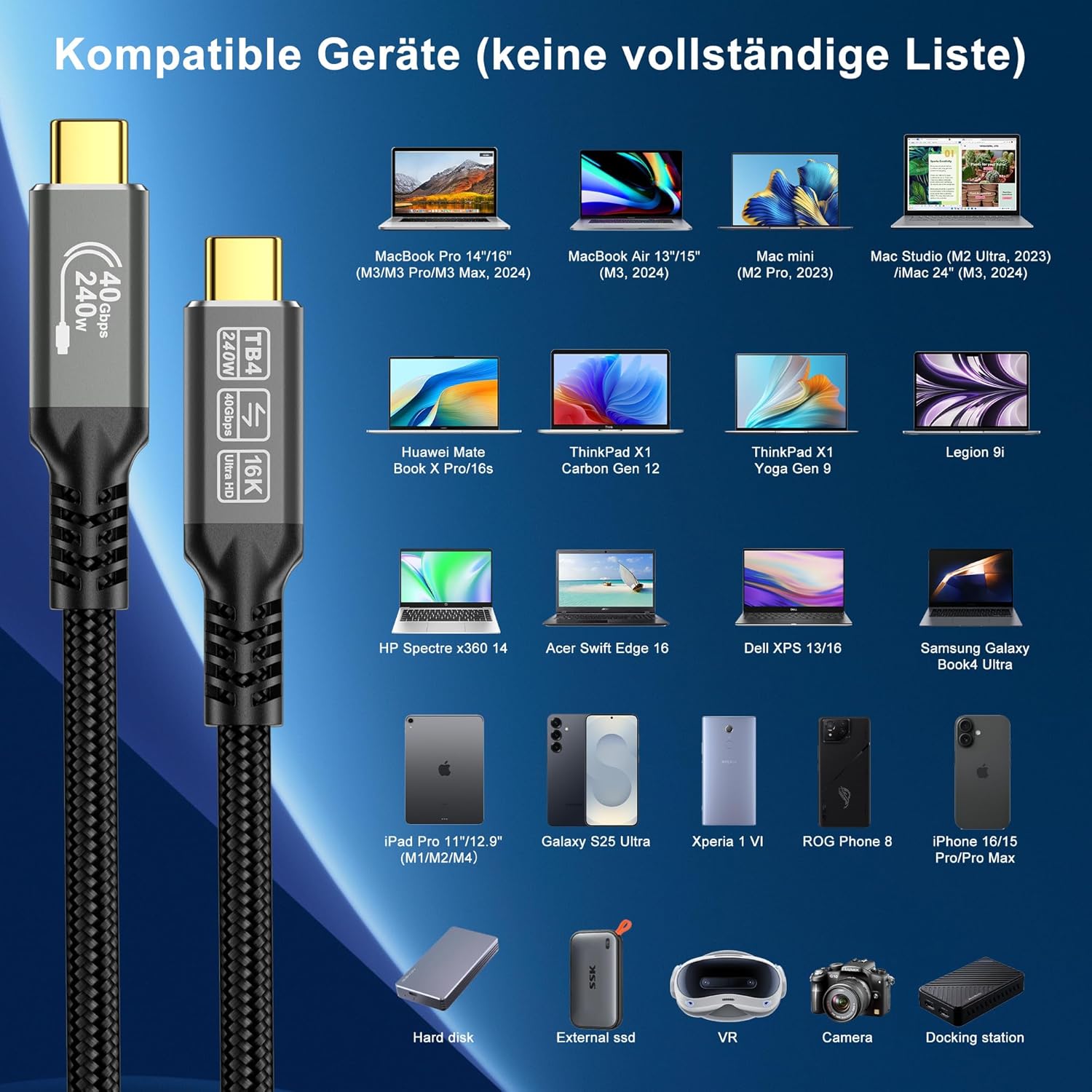Thumbnail 6 de CAKOBLE Thunderbolt 4 Kabel (USB-C) 0,5 m – 40 Gbit/s, 240 W Schnellladung & Dual-Display bis 4K/144 Hz