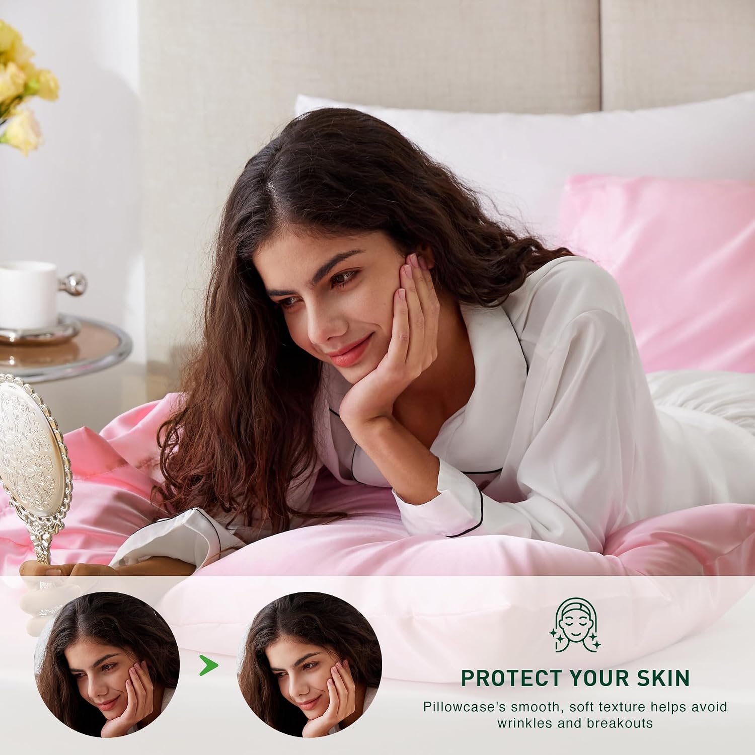 Detalle de Love's cabin Cooling Satin Pillowcases, Queen 2-Pack, Pink, 20" x 30