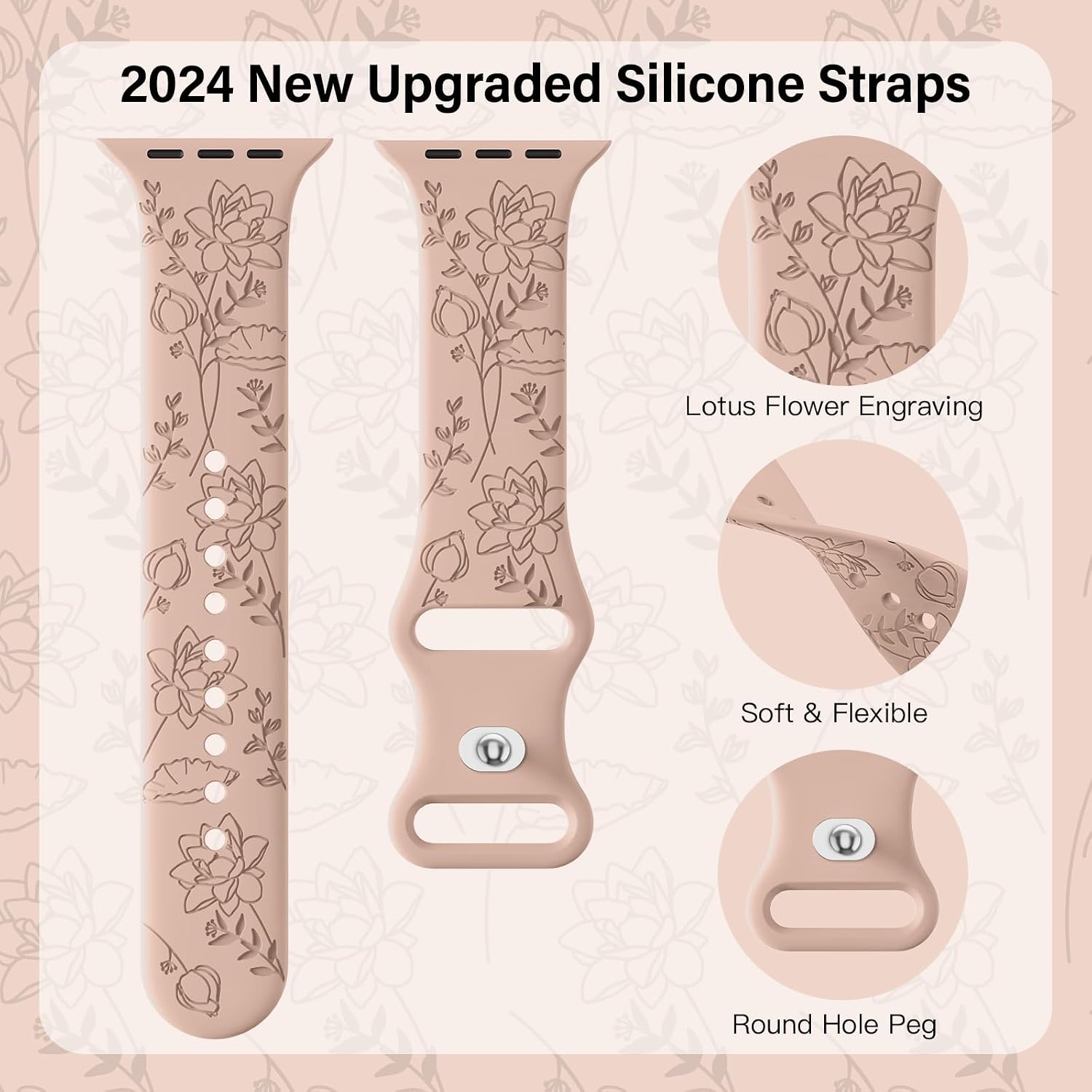 Detalle 2 de Yoohoo Floral Engraved Strap Silicone Band for Apple Watch (38mm–49mm), Milk Tea