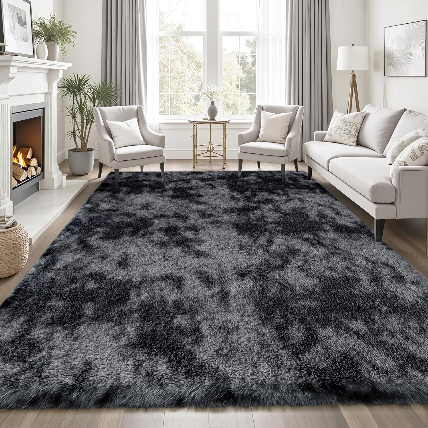Thumbnail 2 de 8x10 Fluffy Shag Area Rug for Living Room & Bedroom – Black/Gray, Non-Slip, High-Pile Plush
