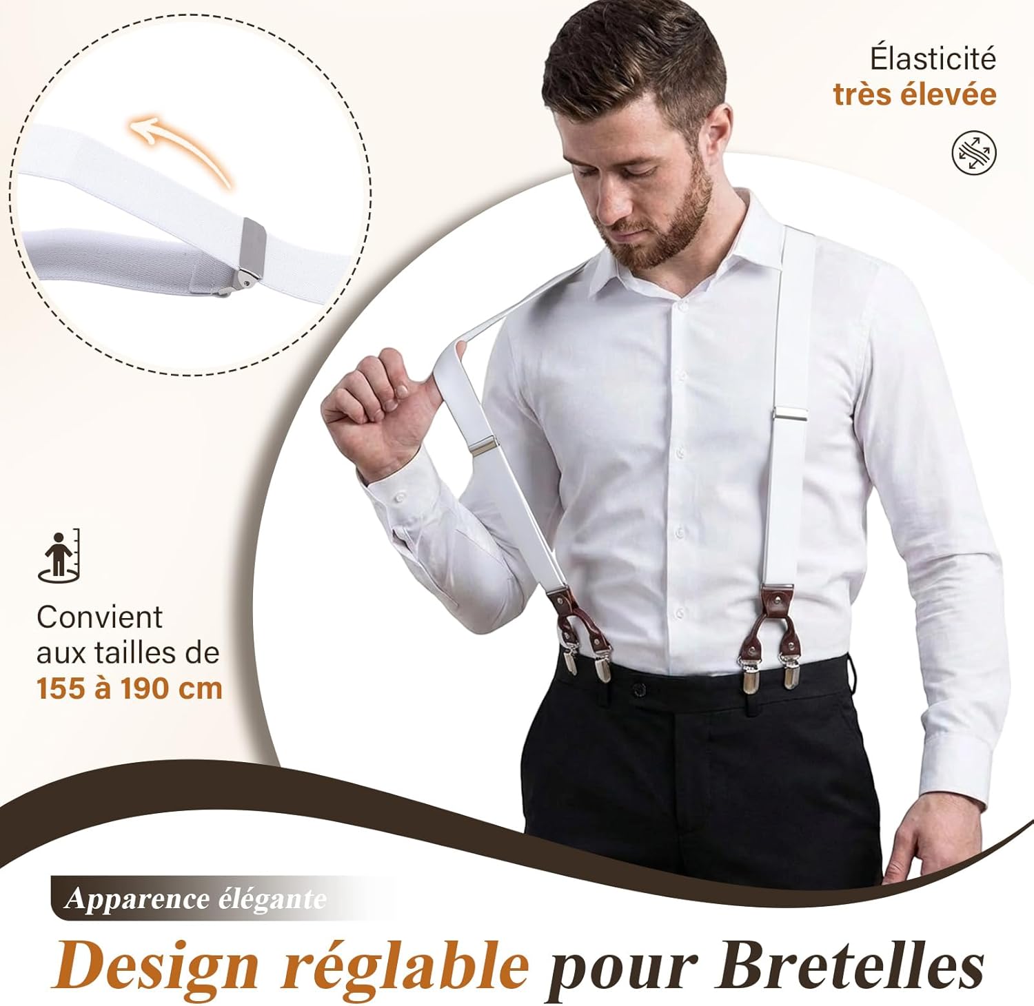 Thumbnail 4 de KANGDAI Bretelles homme larges à 6 clips métal et patch cuir, ajustables et élastiques