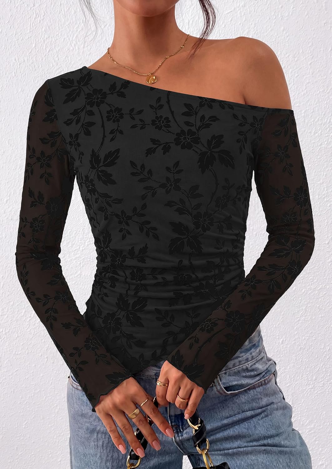 Thumbnail 5 de PRETTYGARDEN Off-Shoulder Mesh Top, Long Sleeves, Floral Tie-Dye, Asymmetrical Hem