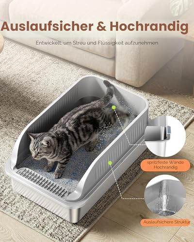 Detalle de ICOYEA Katzenklo Edelstahl XXL – Großes, halbgeschlossenes Katzentoilette mit Abnehmbarem Rand, rostfrei