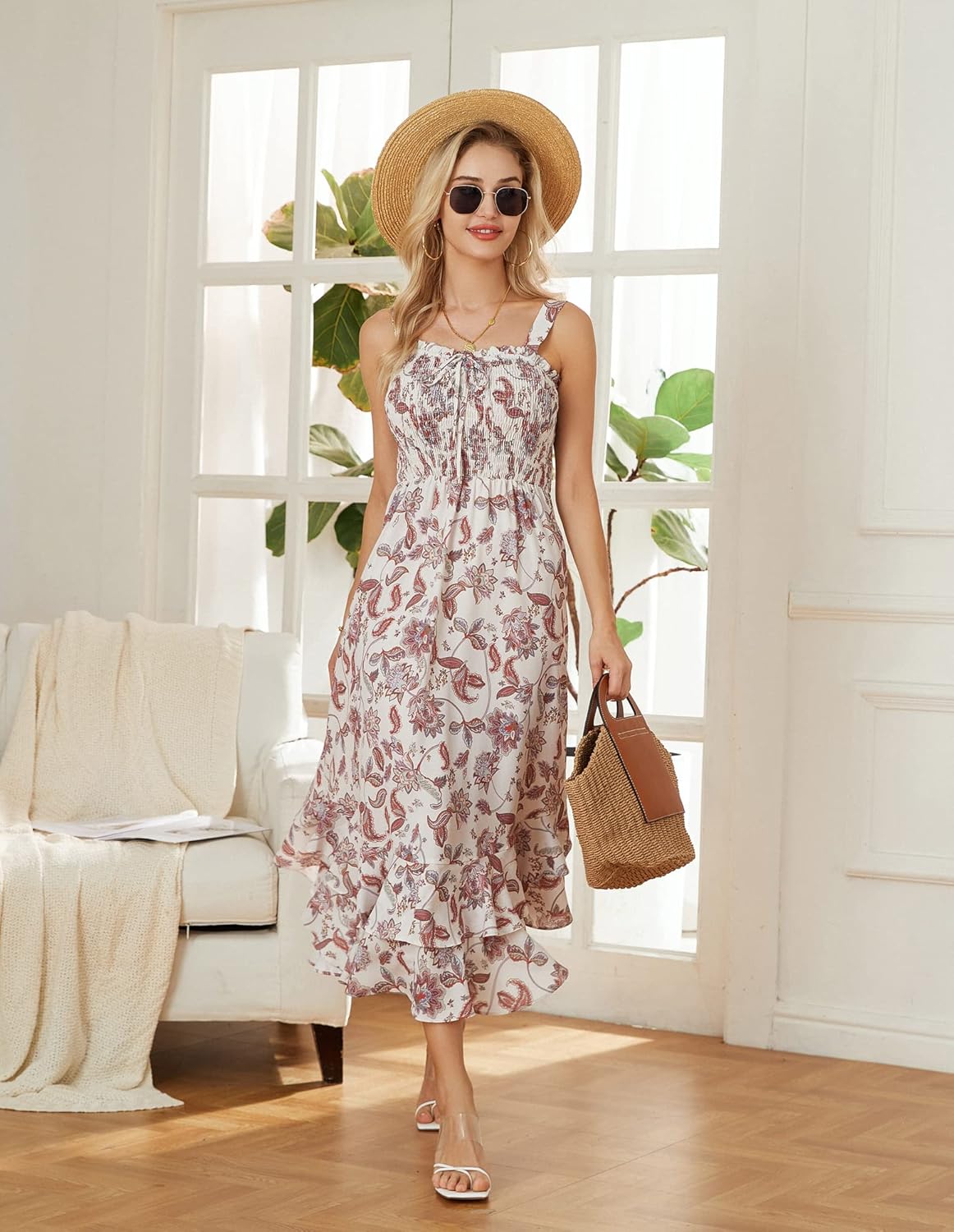 Thumbnail 3 de GRACE KARIN Robe florale à bretelles spaghetti style plage (écru/beige-marron)