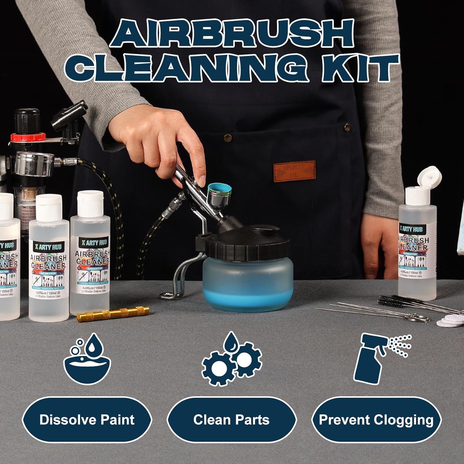 Thumbnail 1 de X ARTY HUB Kit de nettoyage d’aérographe – 4 flacons de 120 ml + pot avec support, brosses et filtres