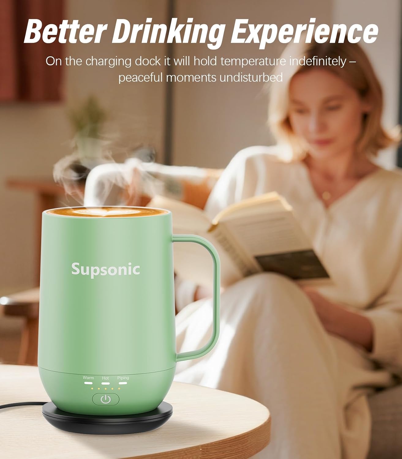Detalle 2 de Supsonic 16oz Self-Heating Coffee Mug — Smart Heated Mug with 149°F/131°F/113°F, Auto Shut-Off