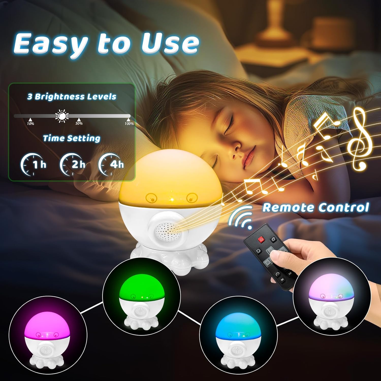 Detalle 1 de Octopus Night Light Projector for Kids – 360° ocean star projector with remote, timer & 17 light modes (white)