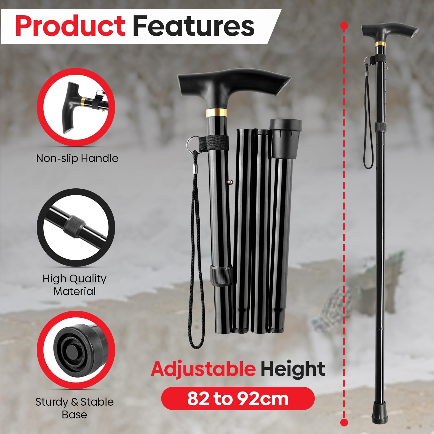 Thumbnail 1 de Folding Extendable Walking Stick Lightweight 3‑Fold