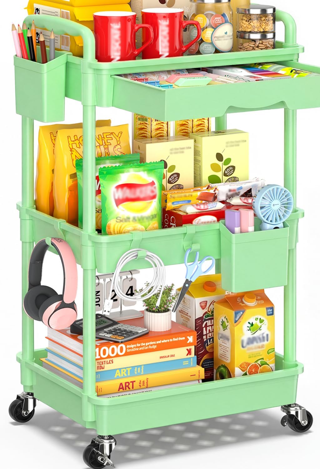 Detalle de SUNALLY 3-Tier Rolling Cart with Drawer, Green, 4 Swivel Wheels