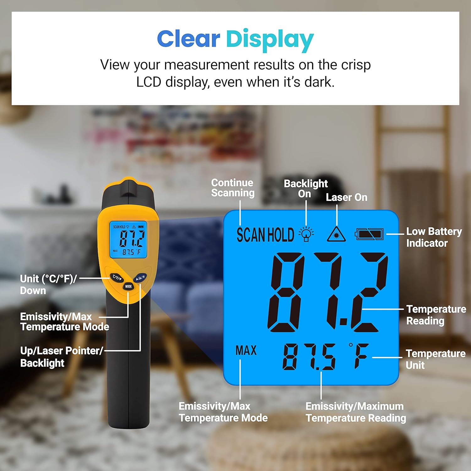 Thumbnail 6 de Etekcity Infrared Thermometer Gun (Laser IR) -50°C to 450°C for cooking, ovens & industrial use (Not for Human) Yellow/Black