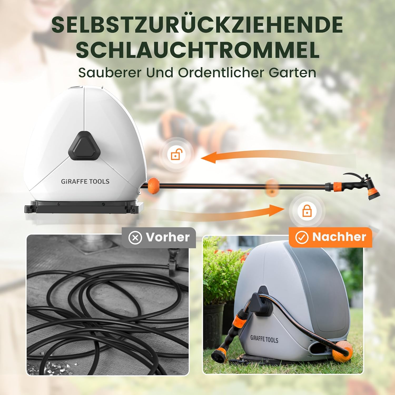 Thumbnail 6 de Giraffe Tools Ausziehbare Schlauchtrommel mit 30 m – Bodentrommel, 360° Drehsockel und 7-Funktions-Düse