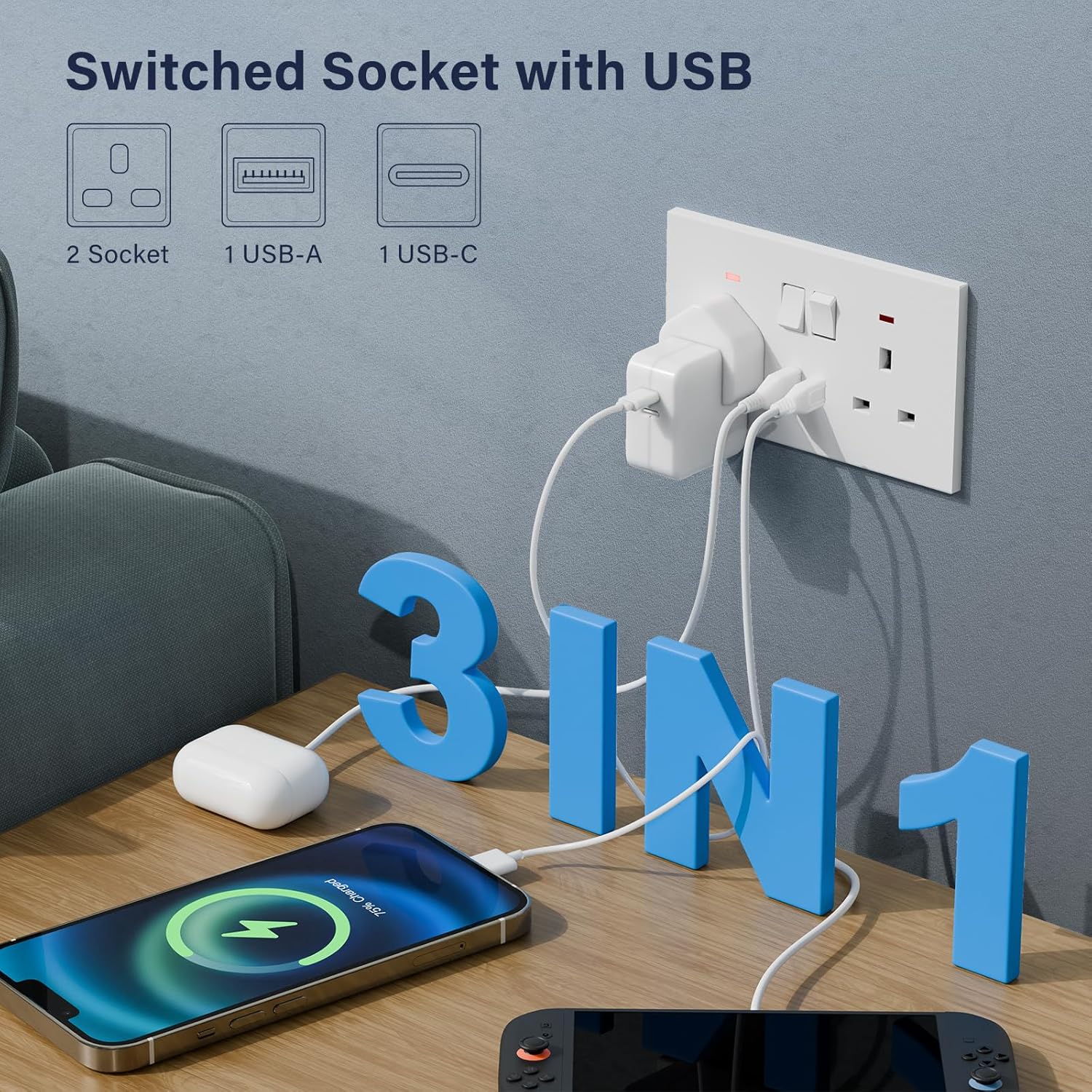 Detalle 2 de BSEED Double Socket with USB C 5 Pack – UK 13A Wall Socket with LED Indicator