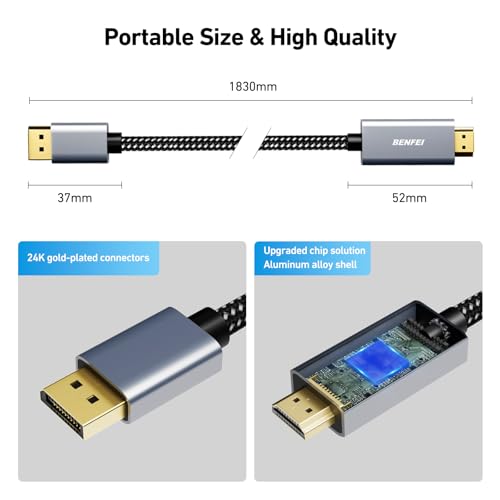Thumbnail 6 de BENFEI Cable DisplayPort a HDMI 4K DP 1.2 a HDMI 1.4 de 1,8 m (carcasa de aluminio y trenzado de nailon)