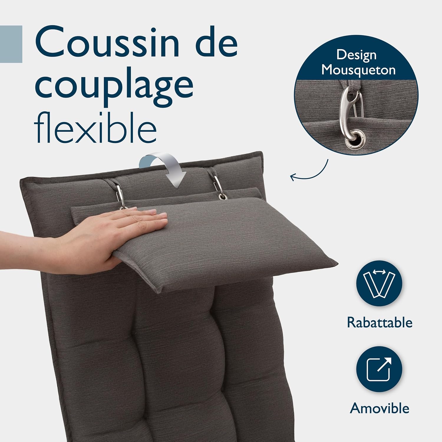 Detalle 2 de Beautissu 3er Set Premium Hochlehner Auflage mit Kopfpolster, 120x50 cm, Taupe