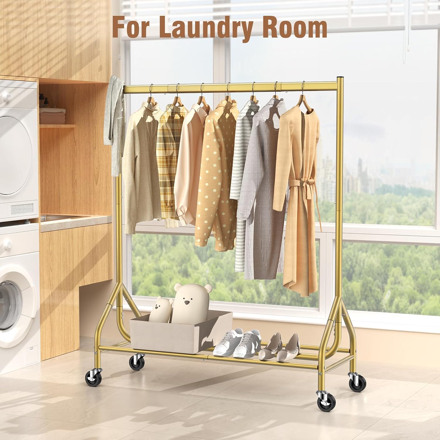 Detalle 2 de EAGMAK UKGRP067 Rolling Metal Clothes Rack, 420 LBS Capacity, Gold