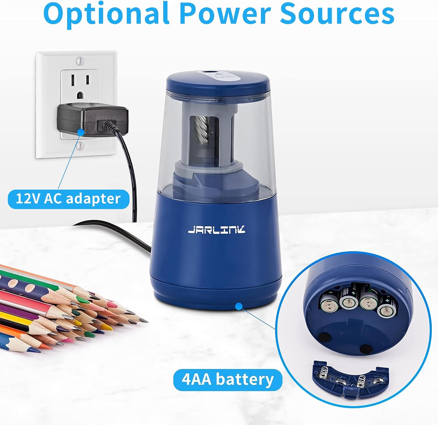 Detalle 1 de JARLINK OP044B Electric Pencil Sharpener, Helical Blade, Auto Stop, Dual Power
