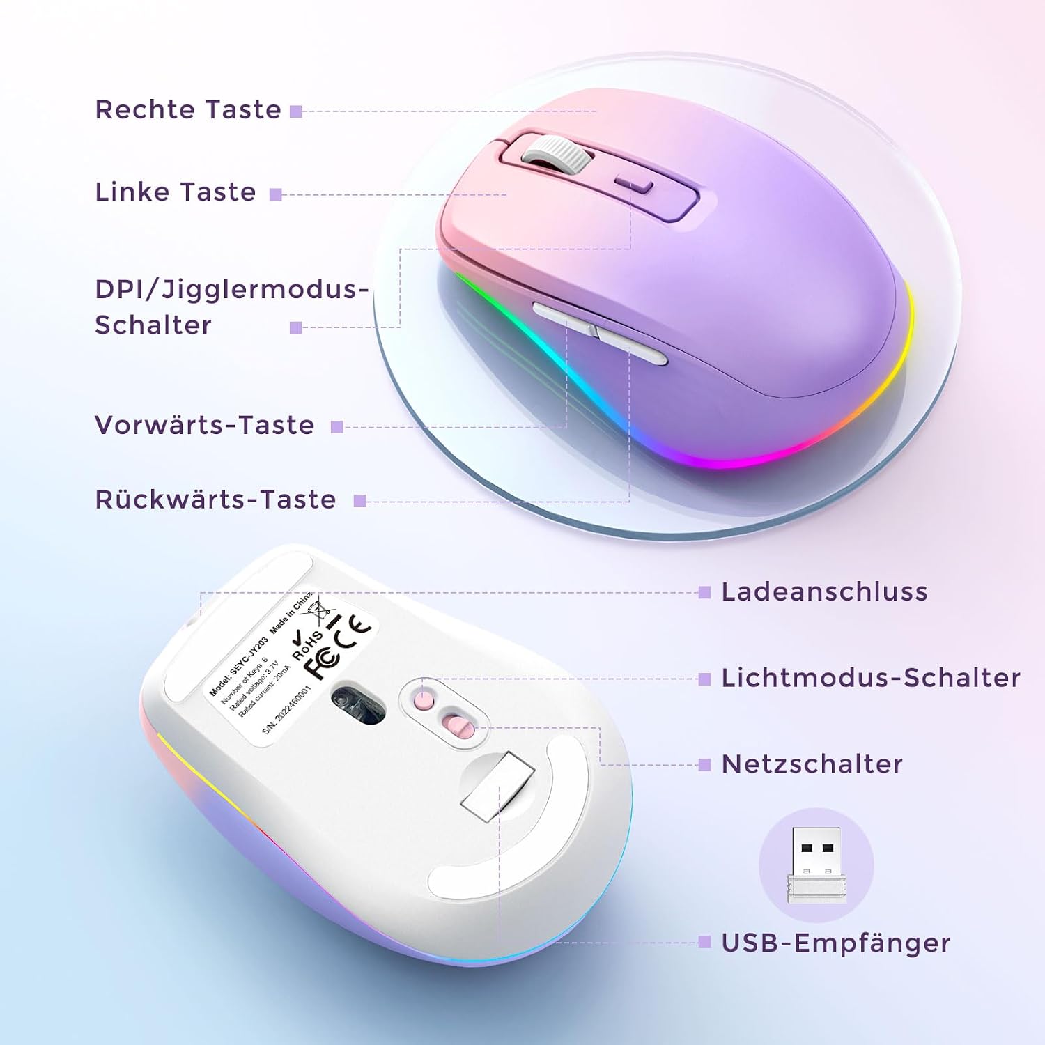 Thumbnail 5 de seenda Kabellose Maus mit Jiggler, wiederaufladbare 2.4G Funkmaus mit LED-Beleuchtung – 2.000 DPI (Rosa&Lila)