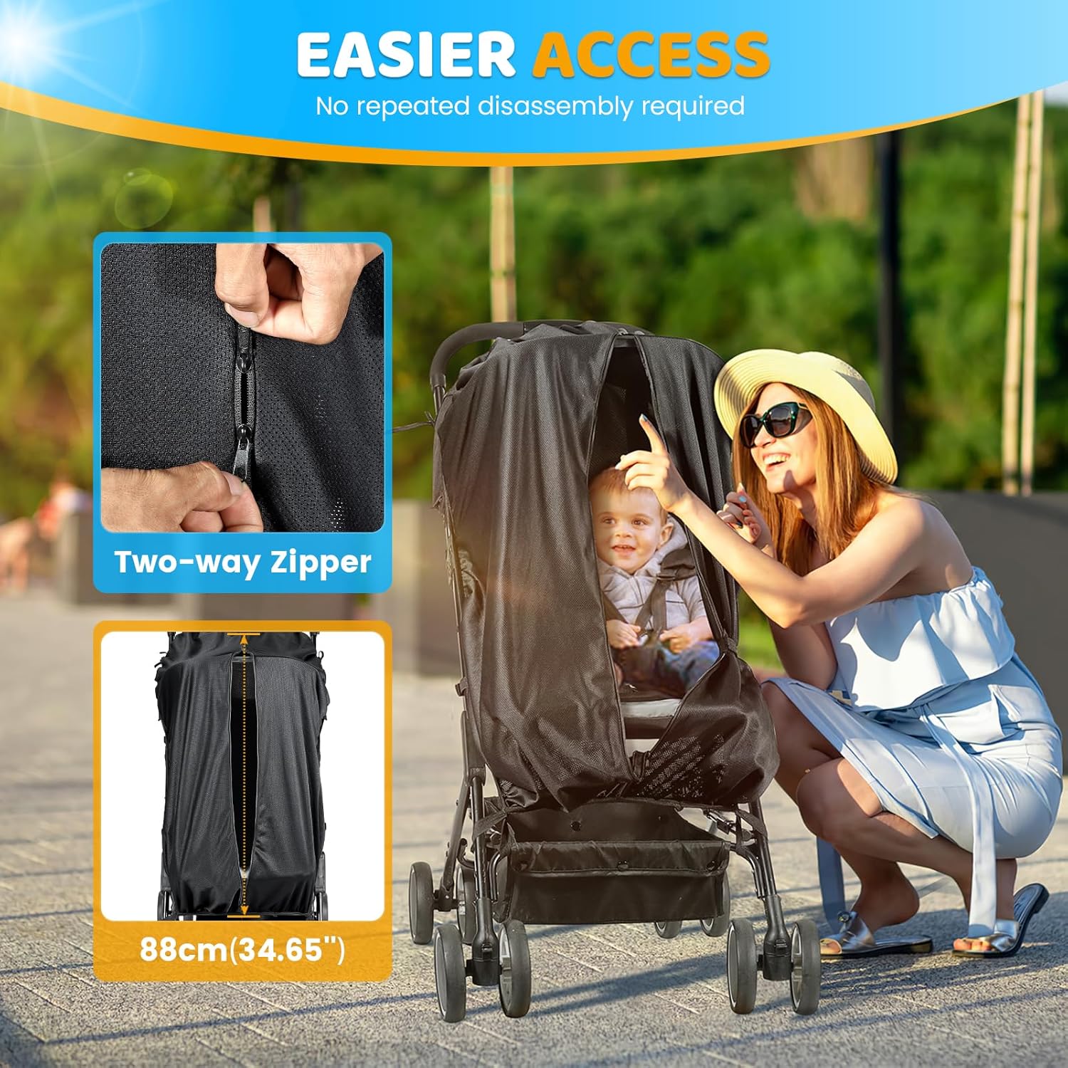 Detalle de Orzbow Pram Sun Shade (Universal, Breathable) with Two-Way Zip – UPF 50+ UV protection, black