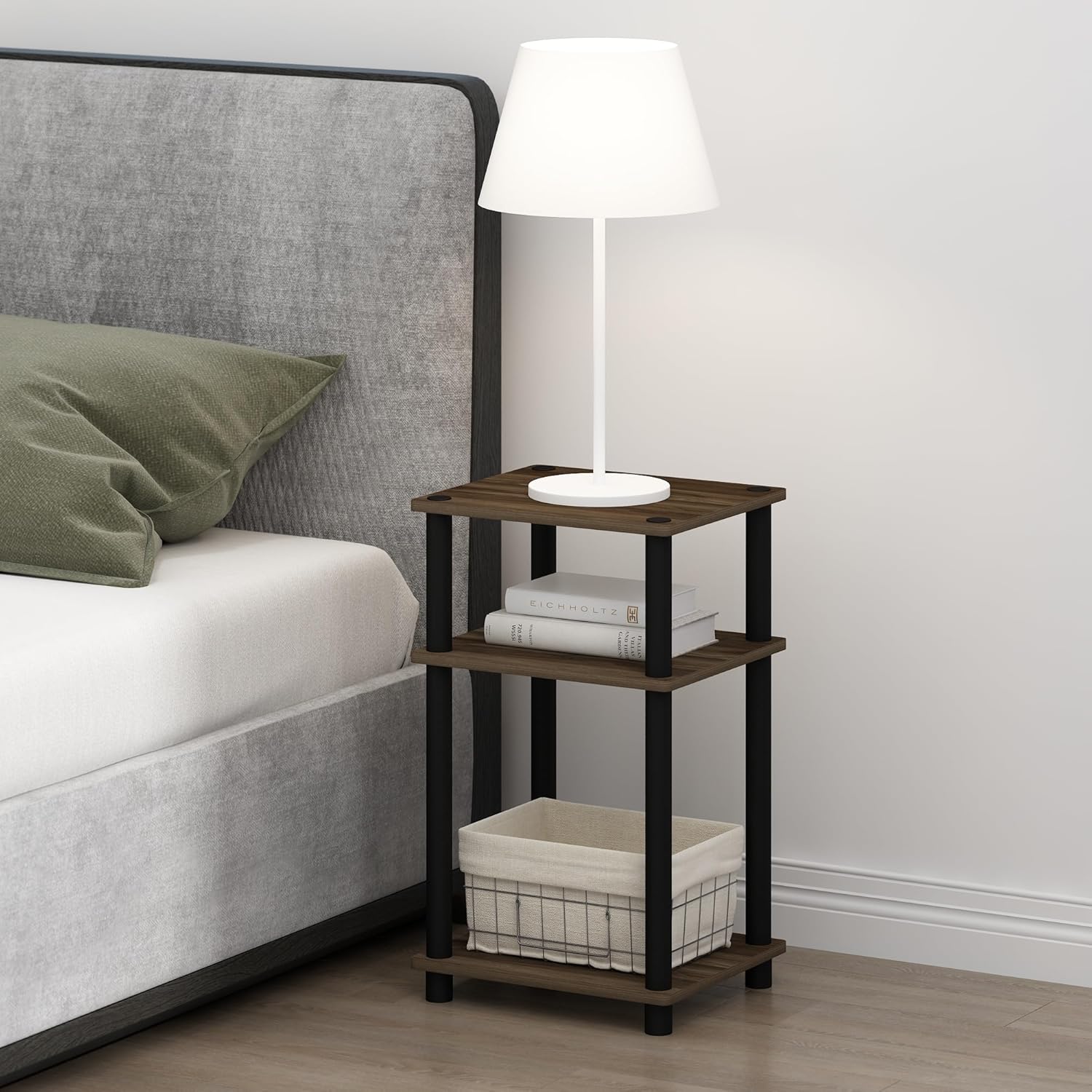 Detalle de Furinno Just 3-Tier Turn-N-Tube Open Storage Nightstand (1-Pack) in Columbia Walnut/Black