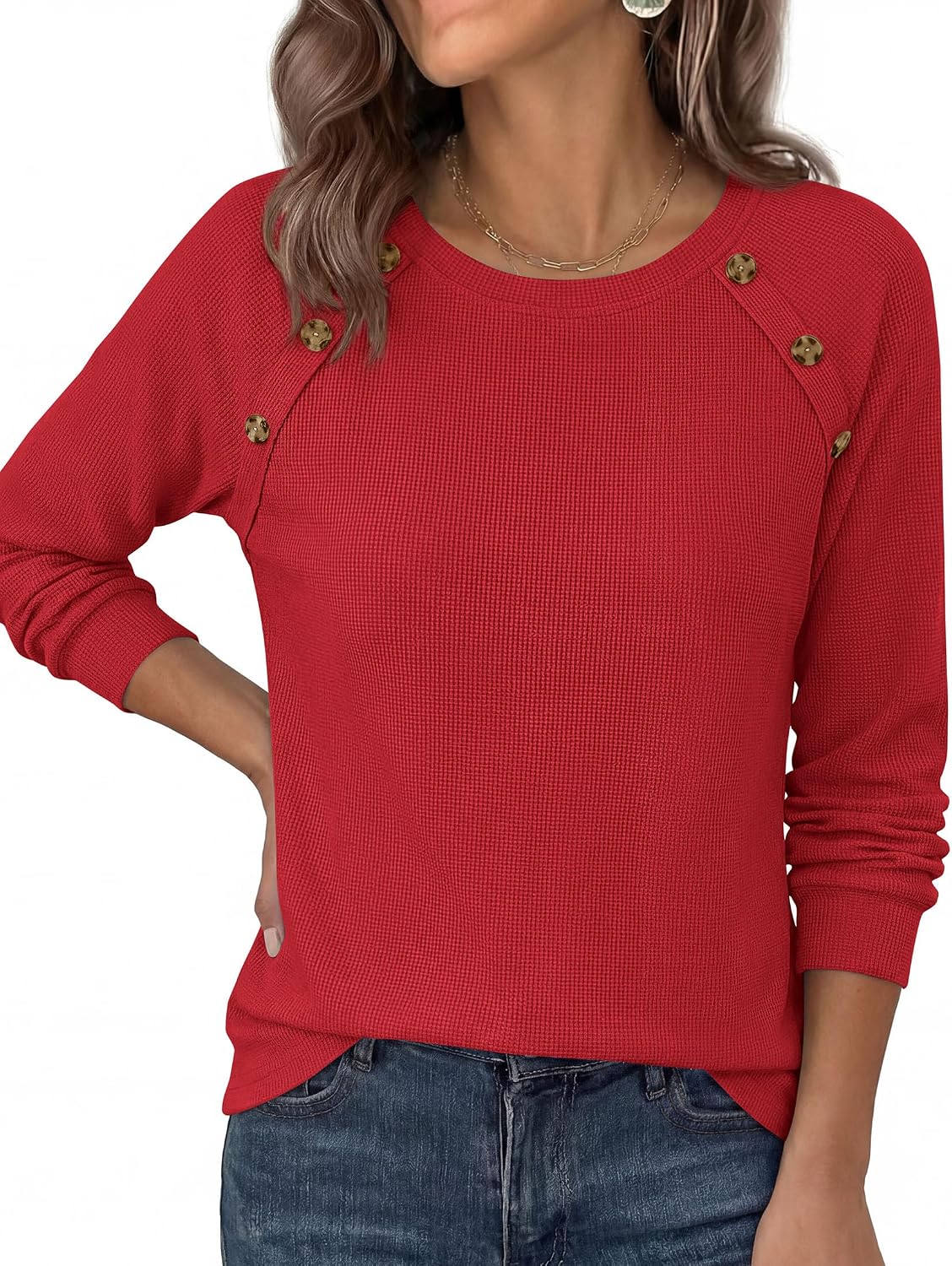 Detalle de PRETTYGARDEN PR1559 Waffle-Knit Tunic Top with Raglan Sleeves