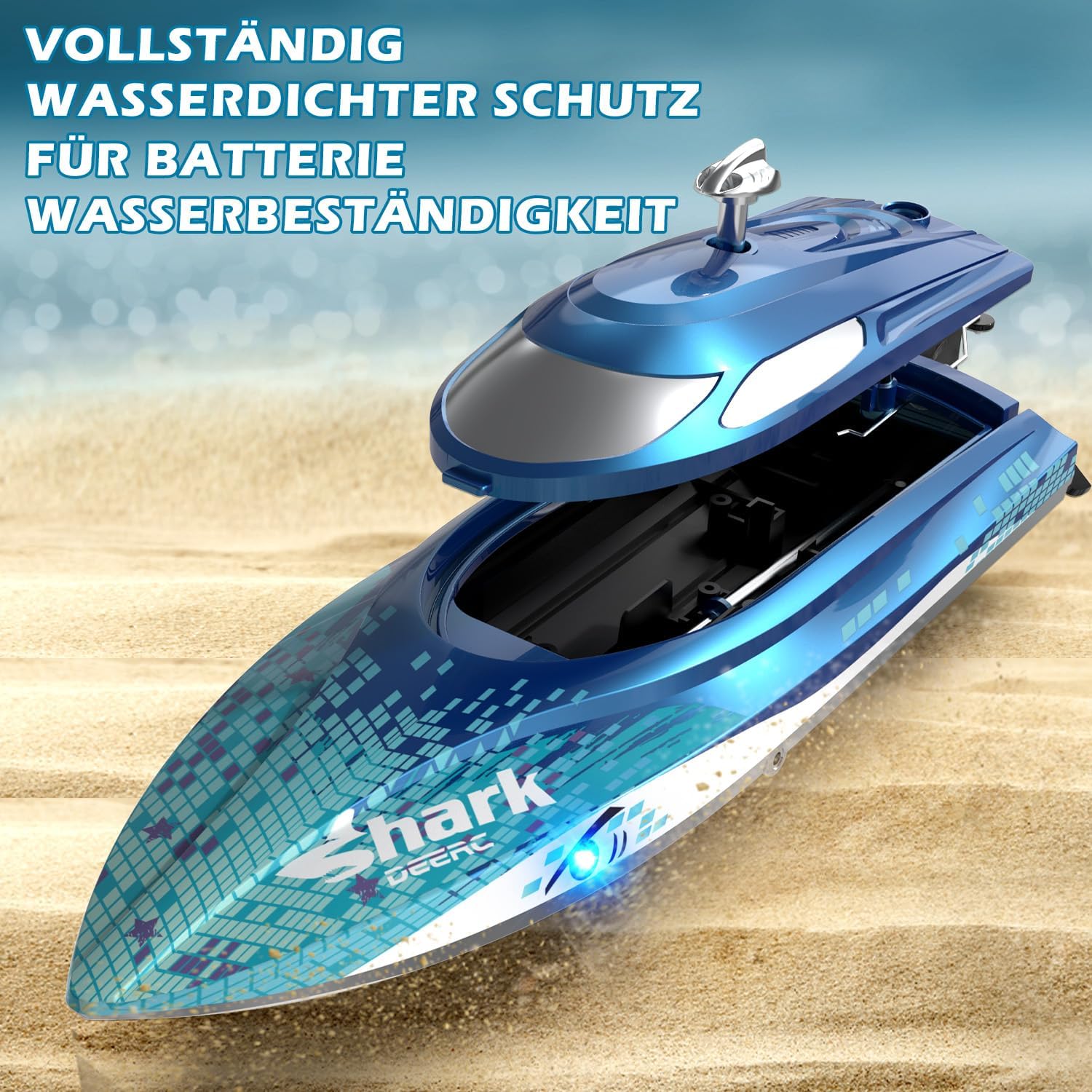 Detalle de DEERC RC Boot HJ812 mit LED-Beleuchtung – ferngesteuertes Haifischboot für Pool & See (2,4 GHz)