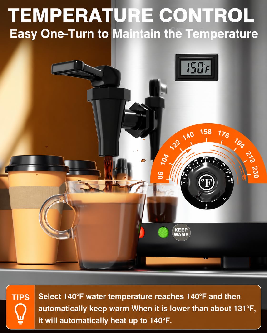 Detalle de Hidoll WZRJ12LSSUS Heated Stainless Steel Beverage Dispenser with LCD Thermometer