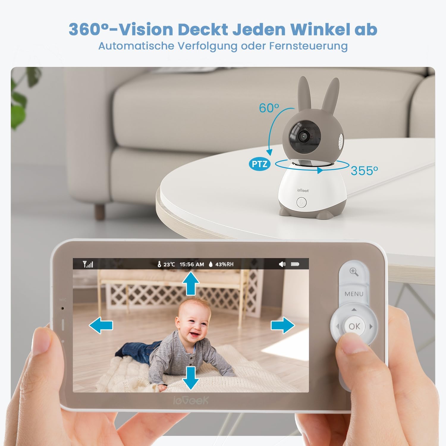 Thumbnail 6 de ieGeek Babyphone mit 2 Kameras 2K/3MP – 5 Zoll WLAN Video-Babyfon mit PTZ 355° und automatischer Verfolgung
